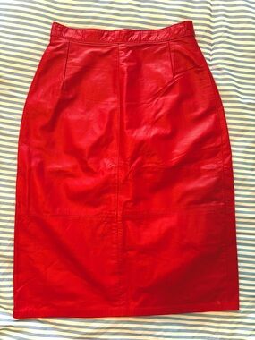 Vintage Red Genuine Leather Pencil Skirt